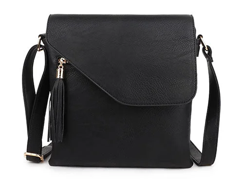 LARGE BLACK TASSEL MULTI COMPARTMENT CROSS BODY SHOULDER BAG WITH LONG STRAP