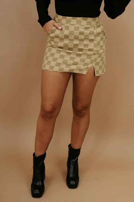 Check Into It Mini Skirt, Taupe Check