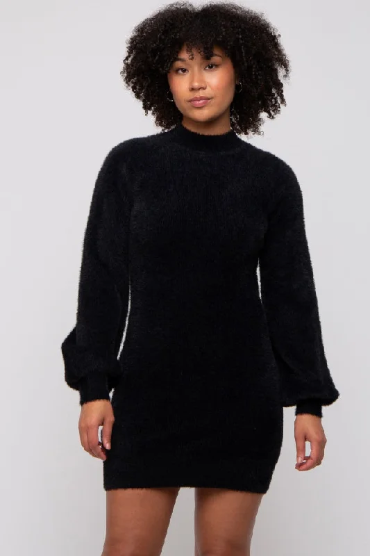 Black Fuzzy Knit Puff Sleeve Sweater Dress