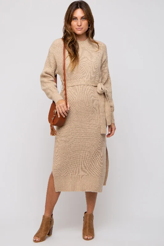 Beige Side Slit Sweater Midi Dress