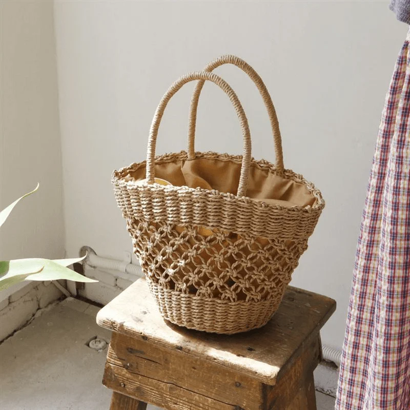 Women Straw Hollow Retro Handmade Paper String Cylindrical Bag Beach Bag Handbag