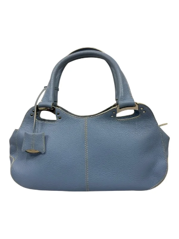 Tods Light Blue Pebble Leather 2 Handles Silver Hardware Zip closure Bag