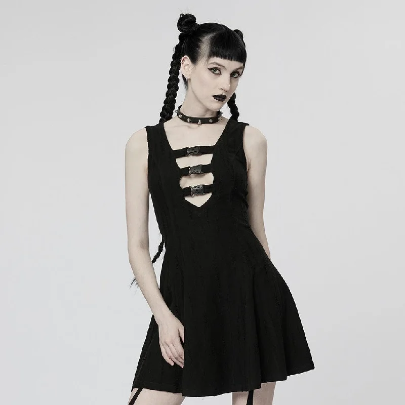 Women's Punk Plunging Buckles Sleeveless Dress