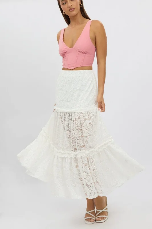 White Lace Maxi Skirt Elastic Waist Tiered Lined