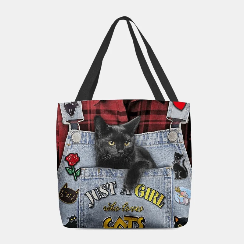 Women Canvas Three-Dimensional 3D Cute Black Cat Handbag Tote Shoulder Bag