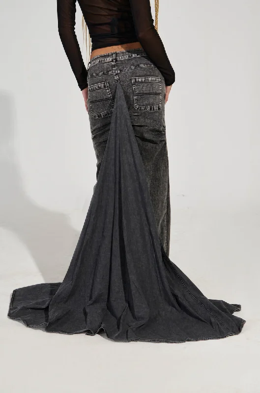 OH THE DRAMA DENIM MAXI SKIRT WITH TRAIN IN GREY