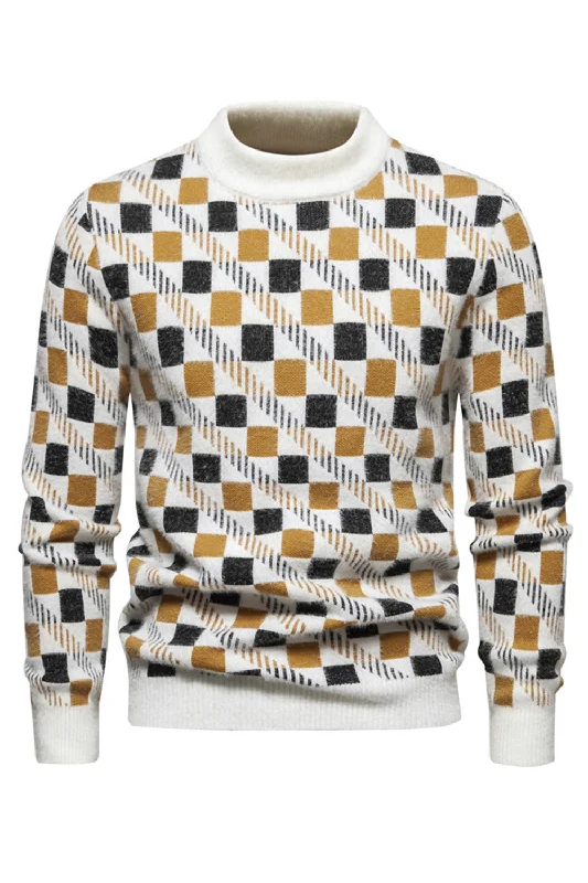 Round Neck Men's White Printed Knit Sweater