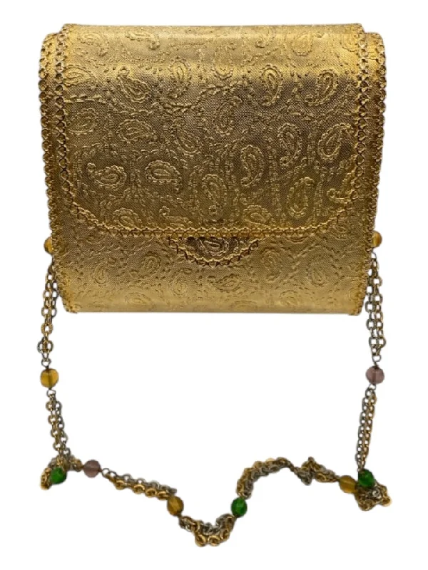 Saks Fifth Ave Gold Metal Chain Strap Beaded Mirror Attachment Bag