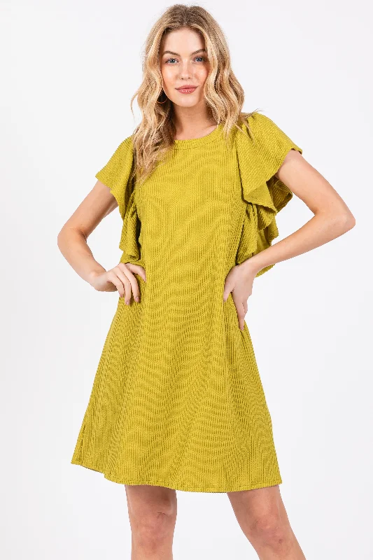 Lime Ribbed Ruffle Sleeve Dress