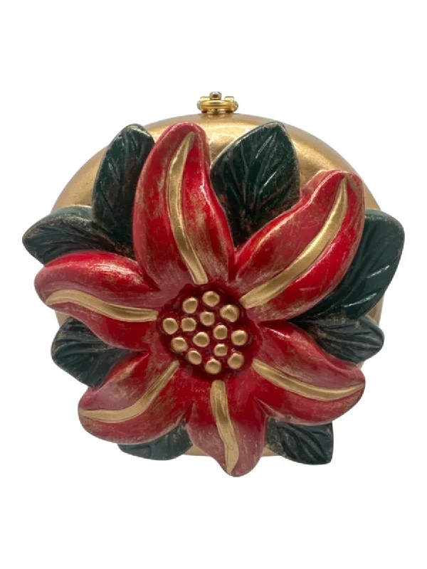 Timmy Woods Gold, Green, Red Wood Clutch Floral Clam Shell Bag