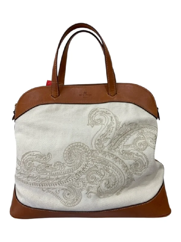 Etro Cream & Brown Canvas Leather 2 handles Embroidered Zip Close Bag