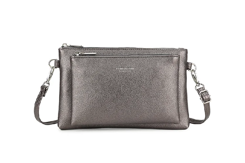 MULTI-POCKET CROSS BODY MESSENGER PURSE BAG WITH WRISTLET STRAP - PEWTER