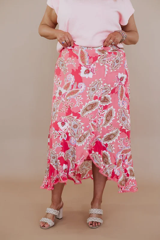 Printed Ruffle Hem Skirt, Guava