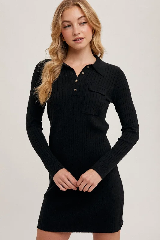 Black Ribbed Knit Henley Dress