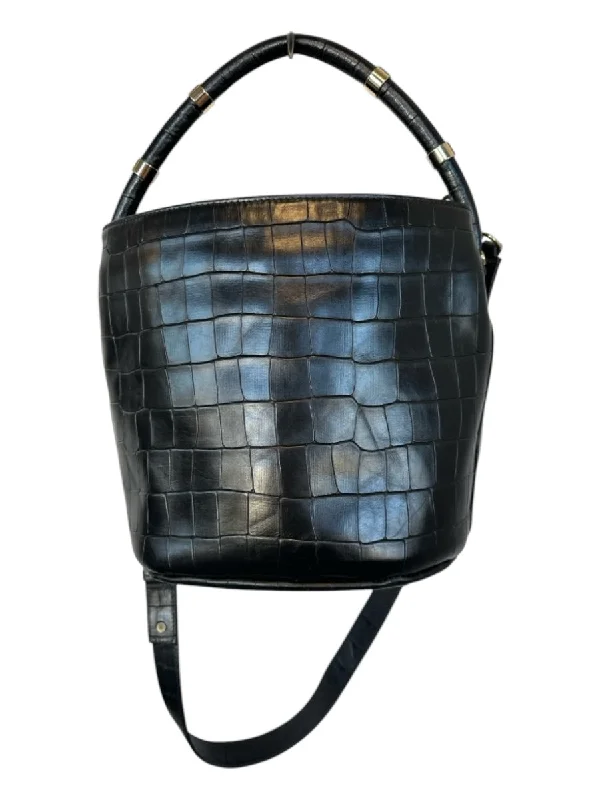 J. Lowery Black Leather Croc Embossed Top Handle Bucket Crossbody Strap Bag