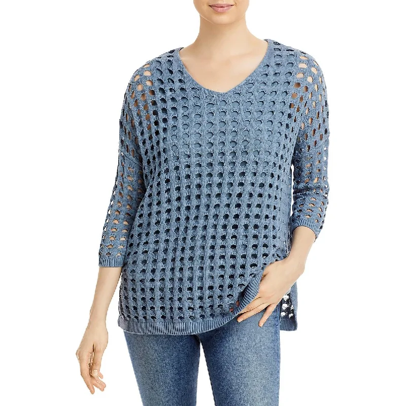 &BASICS Womens Open Stitch V-Neck Pullover Sweater