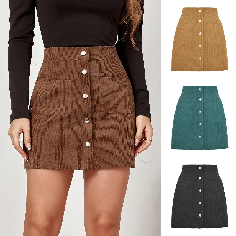 New Corduroy Bodycon Single Breasted Pure Color Mini Skirt