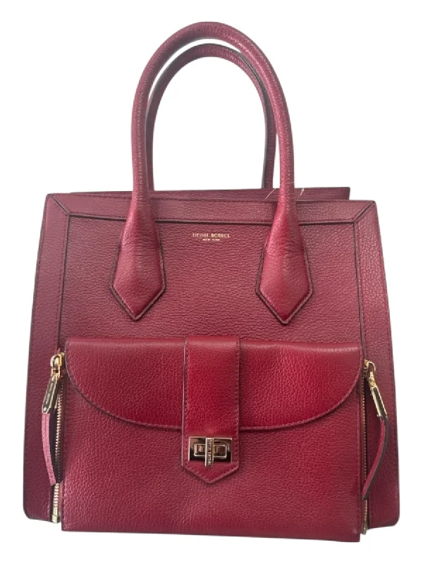 Henri Bendel Red Pebbled Leather 2 Handles Zip Close Gold Hardware Bag