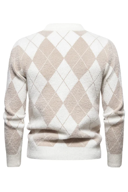 Light Khaki Men's Round Neck Knit Printed Sweater