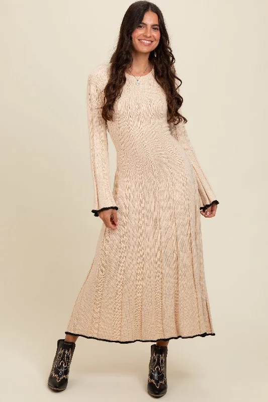 Cream Sweater Knit Bell Sleeve Back Cutout Maxi Dress