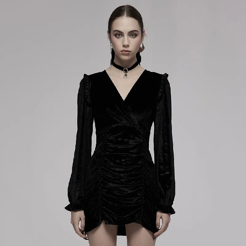 Women's Gothic V-neck Ruffles Long Sleeved Velet Dress