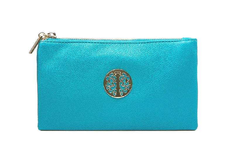 SMALL MULTI-POCKET CROSSBODY PURSE BAG WITH WRISTLET AND LONG STRAP - BLUE