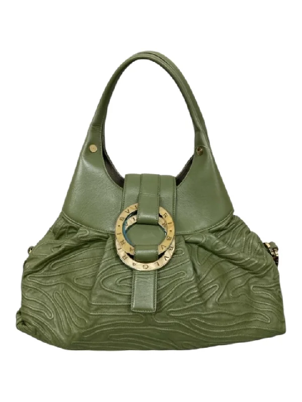 Bvlgari Green & Gold Leather Wavy Lines Two Handles Magnetic Close Bag