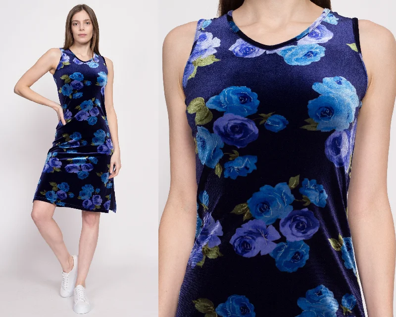 90s Y2K Blue Floral Velvet Dress - Extra Small