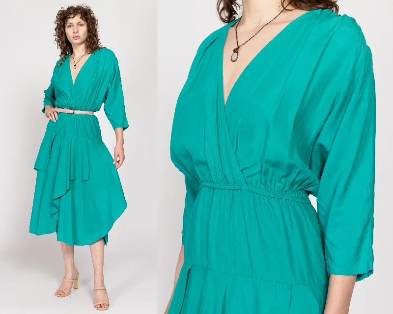 Medium 80s Teal Green Layered Skirt Midi Dress