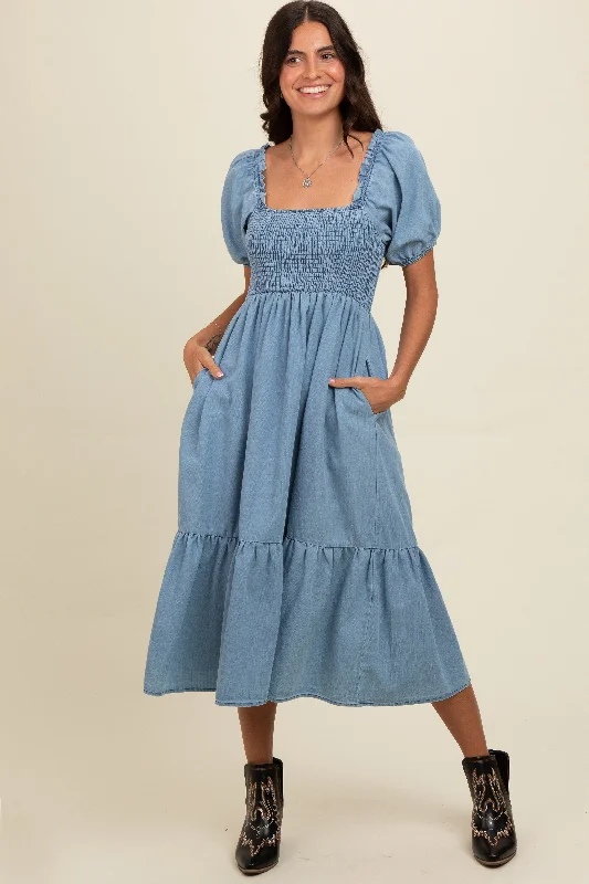 Light Blue Vintage Wash Chambray Smocked Midi Dress