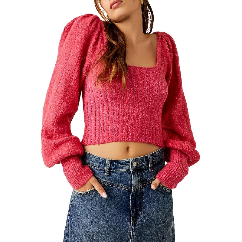 Free People Womens Katie Bishop Sleeve Ribbed Knit Pullover Sweater