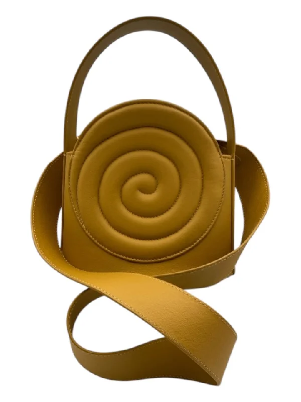 D'estree Mustard Yellow Leather Crossbody Swirl Bucket Bag