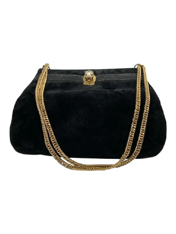 Ruth E. Saltz Black Suede Chain Strap Gold Hardware Jaguar Face Bag