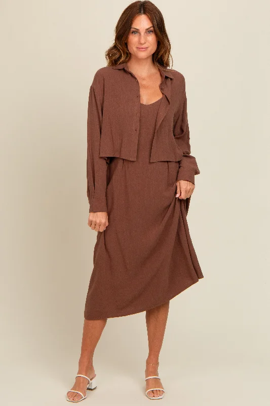 Mocha Linen Cropped Shirt Midi Dress Set