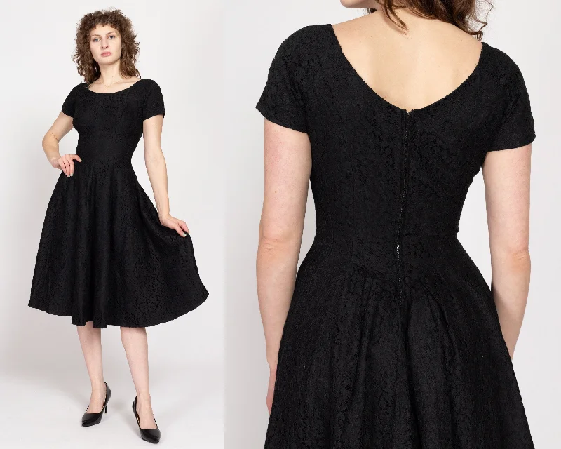 Small 60s Black Floral Eyelet Lace Fit & Flare Dress