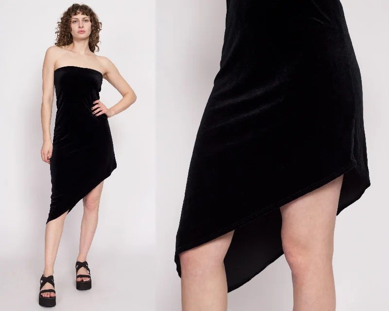 90s Strapless Black Velvet High Low Hem Dress - Medium