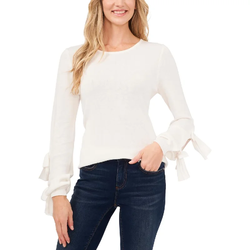 CeCe Womens Cotton Blend Tie Sleeve Pullover Sweater