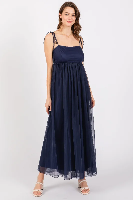 Navy Blue Square Neck Shoulder Tie Tulle Maxi Dress