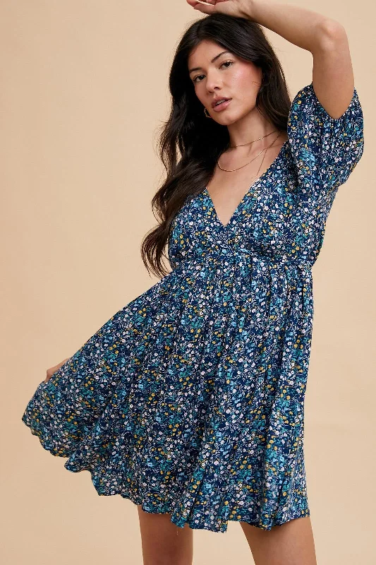 Navy Blue Floral V-Neck Cutout Back Dress