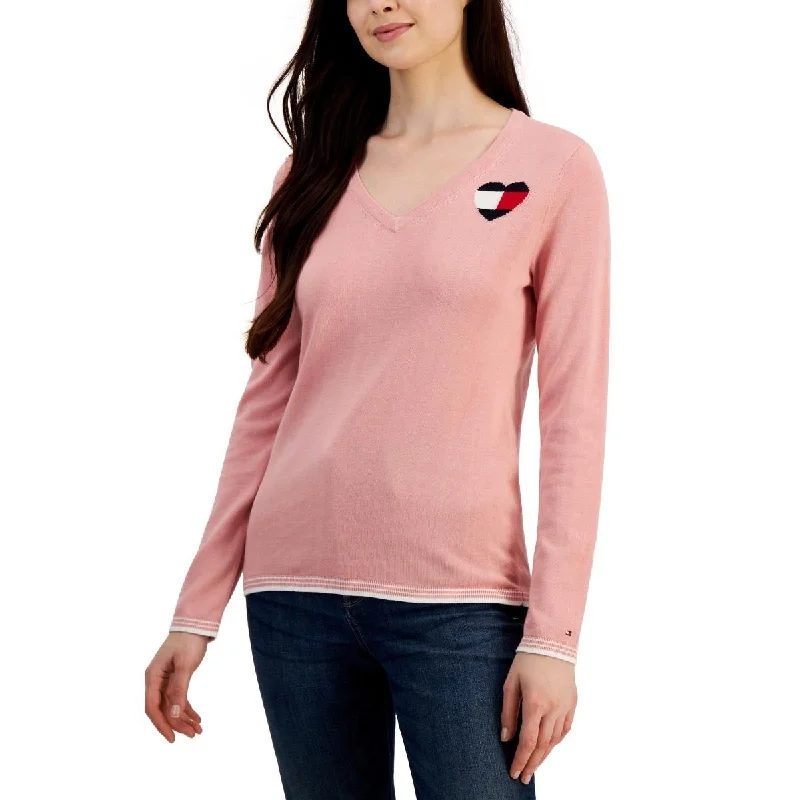 Tommy Hilfiger Womens Round Neck Stripe Trim V-Neck Sweater