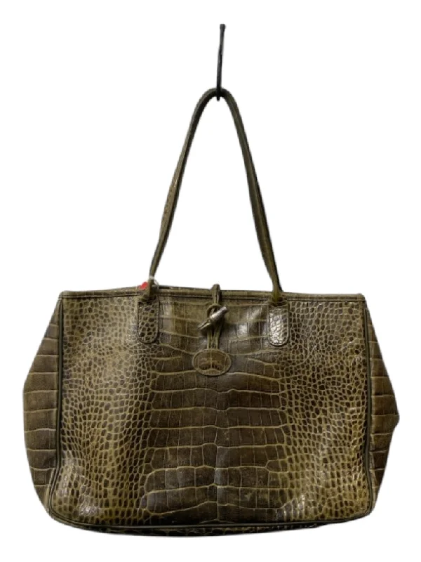 Longchamp Greenish Brown Leather Reptile Embossed 2 handles Toggle Closure Bag