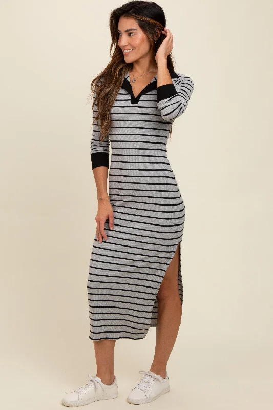 Heather Grey Striped Collared Long Sleeve Midi Dress