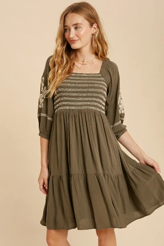 Olive Smocked Embroidered Damask Dress