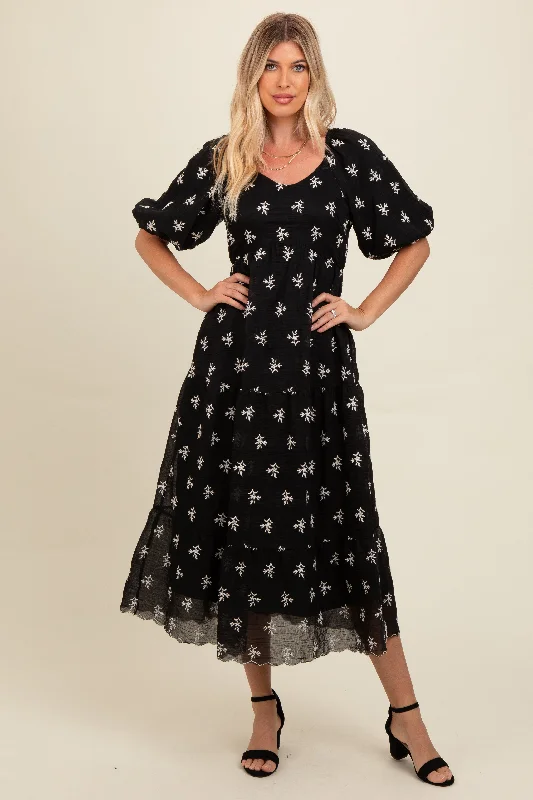 Black Floral Puff Sleeve Midi Dress