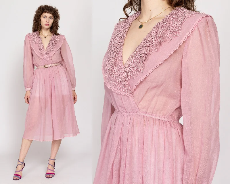 Medium 80s Sheer Dusty Pink Lace Collar Midi Dress