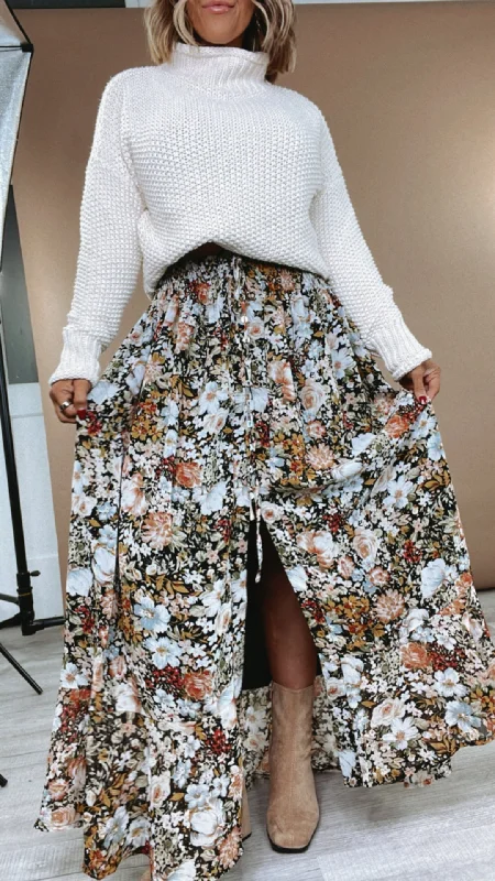 Floral Print Maxi Skirt, Black