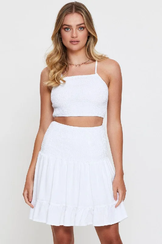 White Shirred Skater Mini Skirt