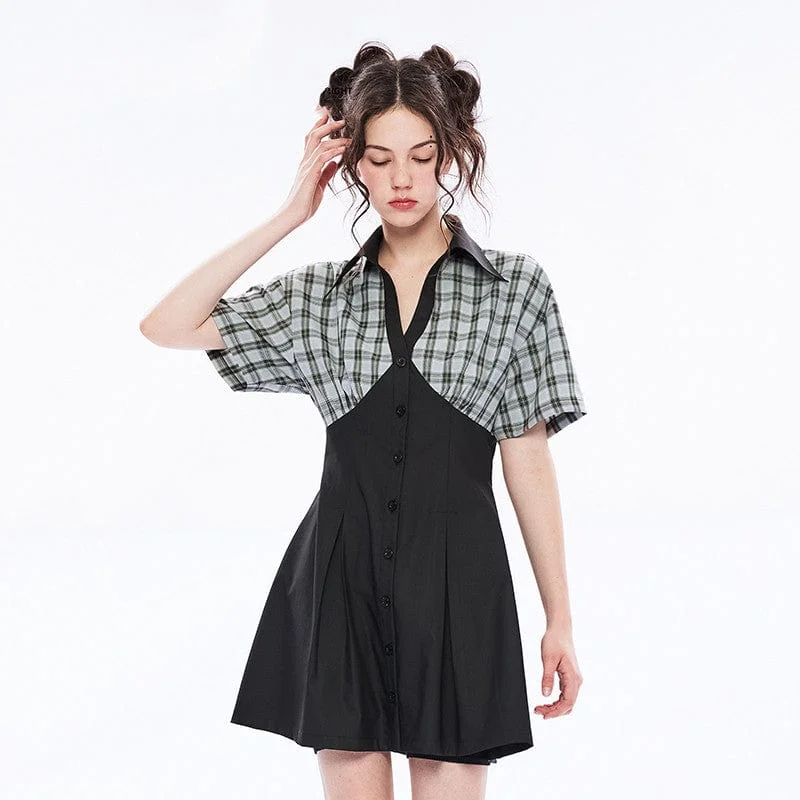 Women's Grunge V-neck Green Plaid Splice Short-sleeved Dress