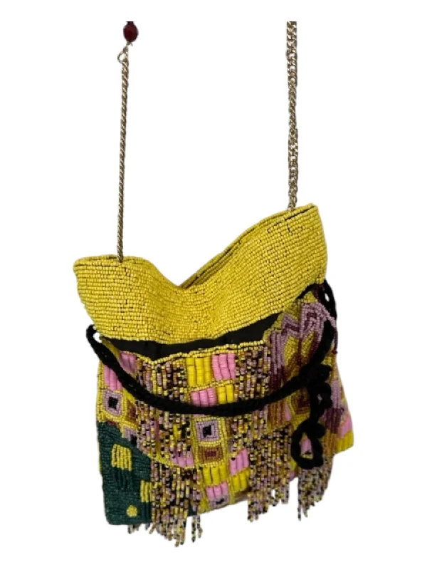 Zara Yellow & Pink Beaded Crossbody Strap Fringe Bag