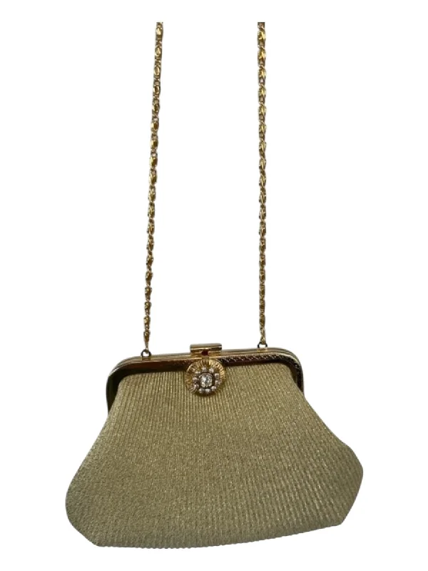 Gold Canvas & Metal Hinge Metallic Chain Strap Evening Bag